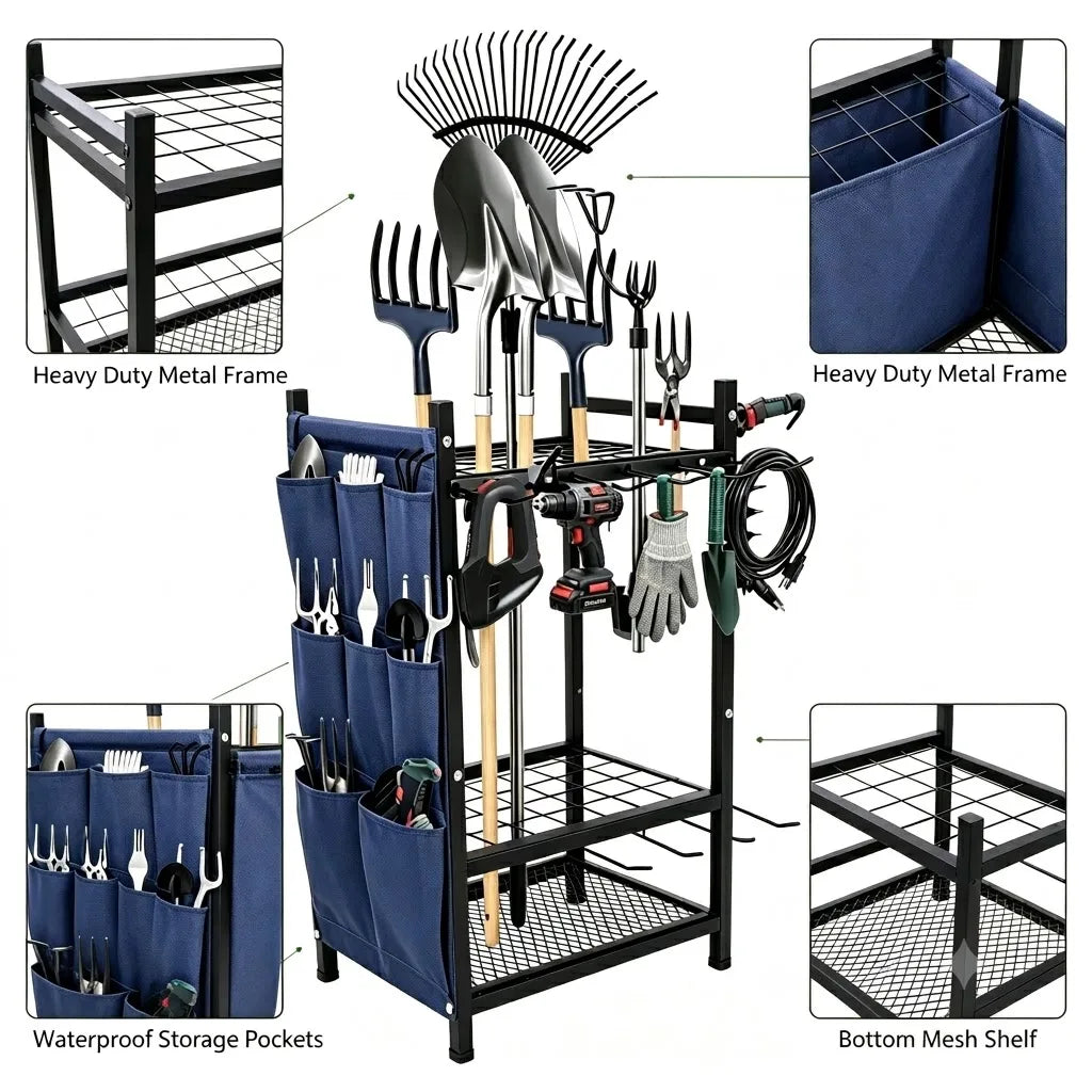 Heavy Duty Garden Tool Storage Organizer Freestanding Garage Tool Rack