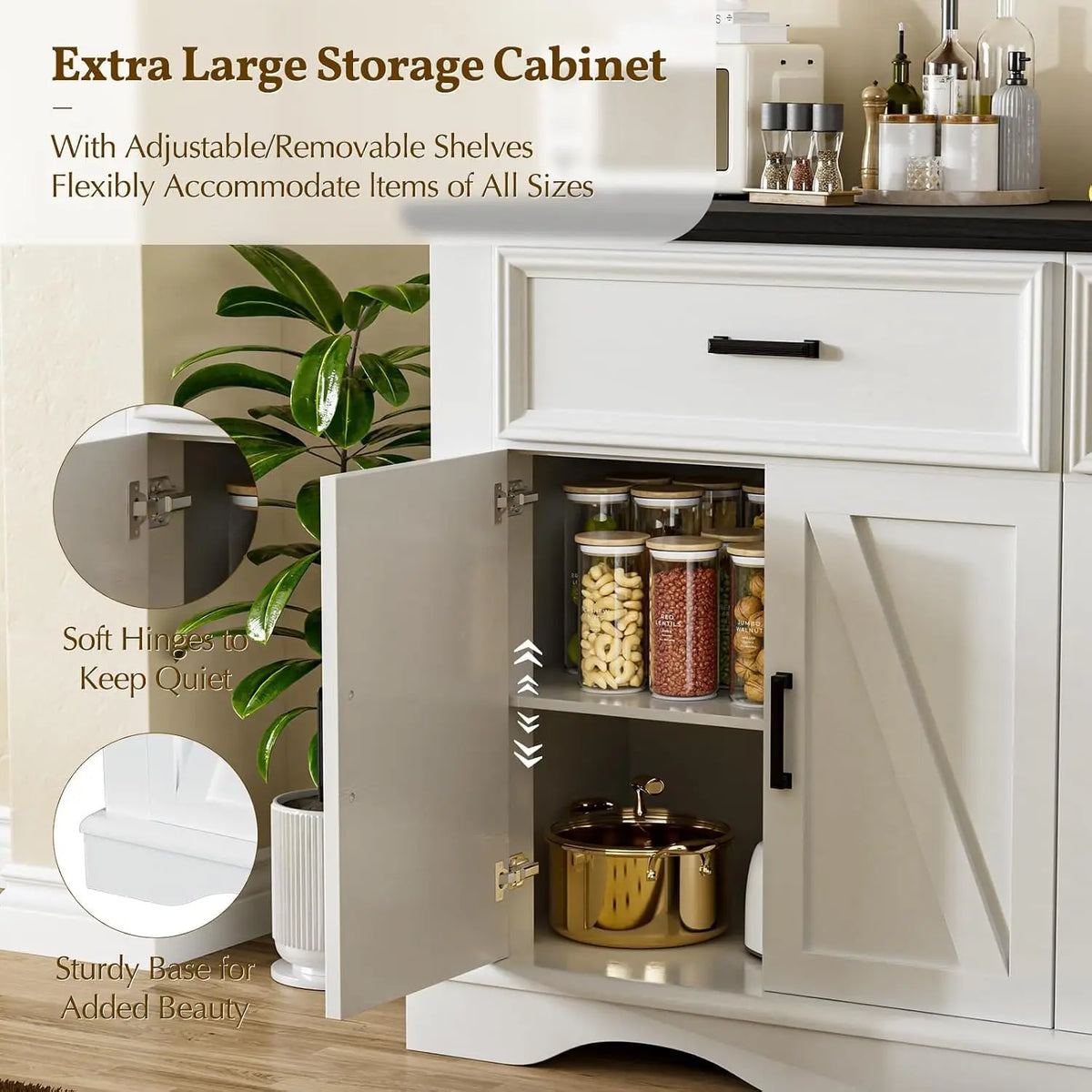 Farmhouse Buffet Cabinet With Charging Station And Adjustable Shelves